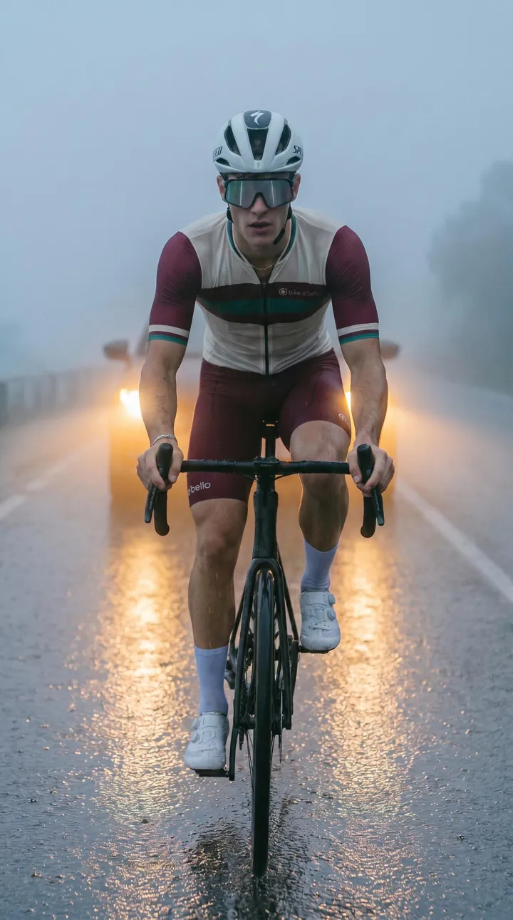 AI-generated campaign photo: the same kit riding in rain with headlights behind